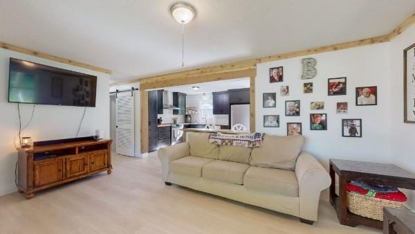 living room featuring a barn door and light wood-style floors