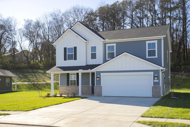 view of front of property with board and batten siding, a front yard, brick siding, and driveway