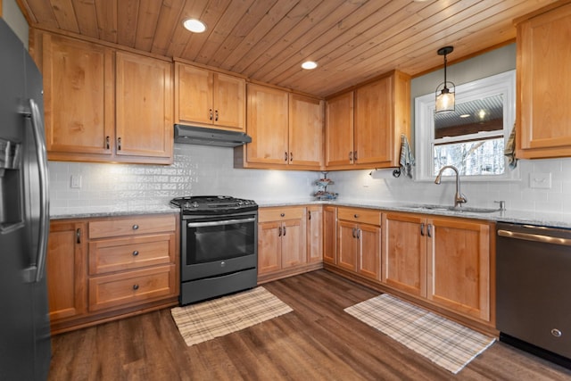 kitchen featuring appliances with stainless steel finishes, wood ceiling, under cabinet range hood, and a sink