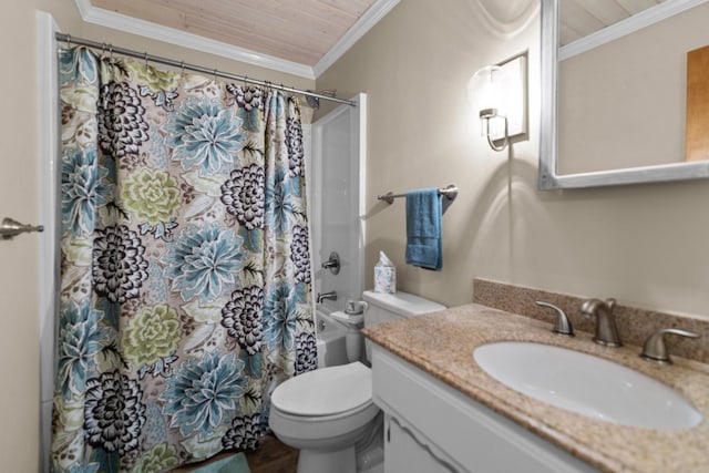 bathroom with toilet, vanity, ornamental molding, wood ceiling, and shower / tub combo