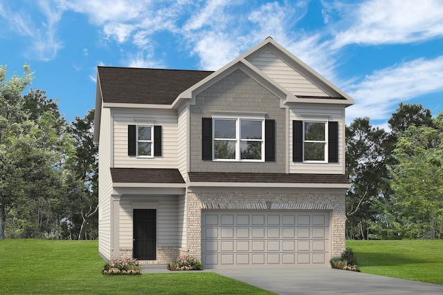 craftsman-style home featuring a garage, concrete driveway, a front lawn, and brick siding