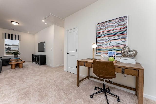 carpeted office space featuring attic access, recessed lighting, and baseboards