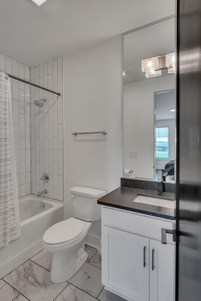 bathroom featuring toilet, vanity, baseboards, marble finish floor, and shower / bathtub combination with curtain