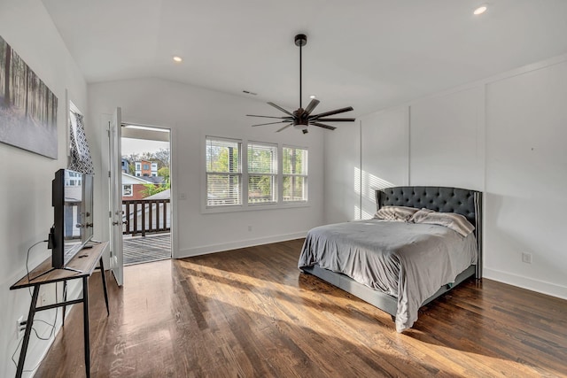 bedroom featuring vaulted ceiling, access to outside, ceiling fan, and wood finished floors