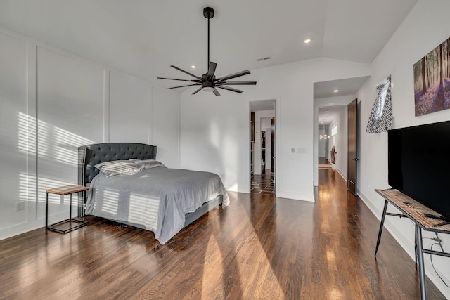 bedroom featuring lofted ceiling, ceiling fan, recessed lighting, wood finished floors, and visible vents