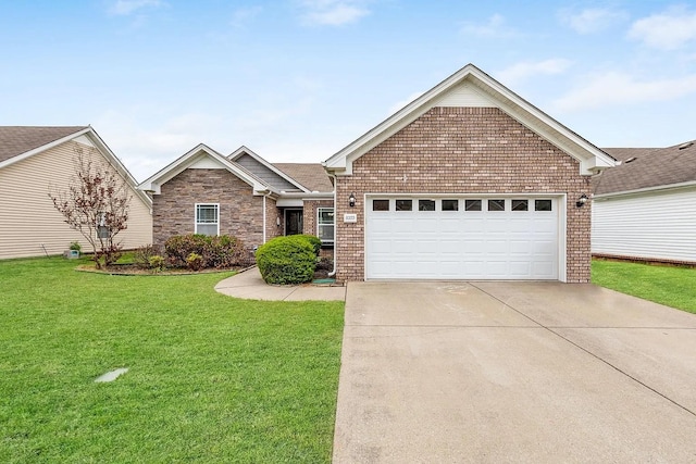 ranch-style home with an attached garage, a front lawn, concrete driveway, and brick siding