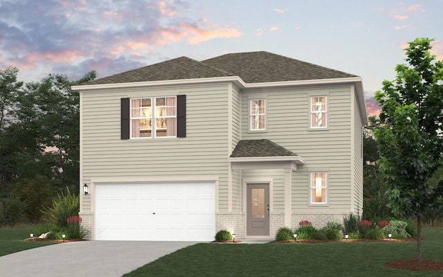 view of front of house with a garage, brick siding, a shingled roof, driveway, and a front yard