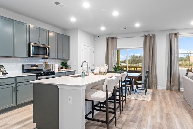 kitchen featuring stainless steel appliances, visible vents, light wood-style flooring, a kitchen island with sink, and a sink