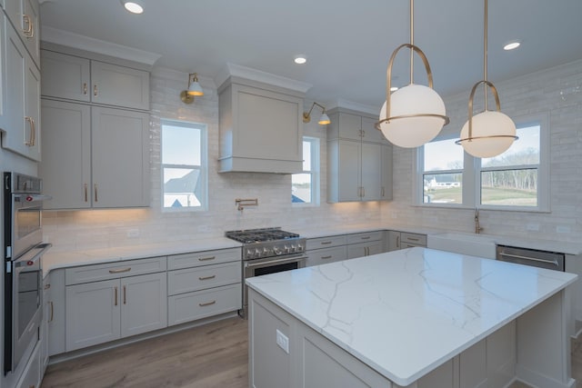 kitchen featuring premium range hood, gray cabinets, stainless steel appliances, and a sink