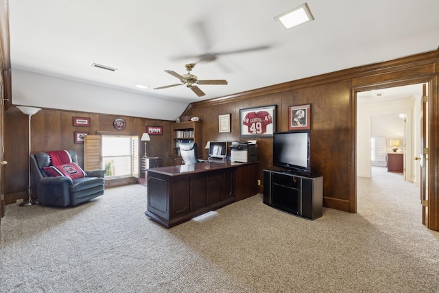 1608 Knox Dr, Brentwood, TN 37027 - carpeted office with visible vents, wooden walls, ceiling fan, and vaulted ceiling