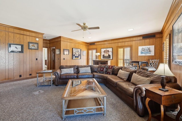 1608 Knox Dr, Brentwood, TN 37027 - carpeted living room featuring ceiling fan and crown molding