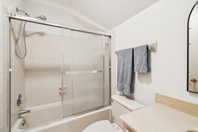 1608 Knox Dr, Brentwood, TN 37027 - bathroom with enclosed tub / shower combo, toilet, vanity, and vaulted ceiling