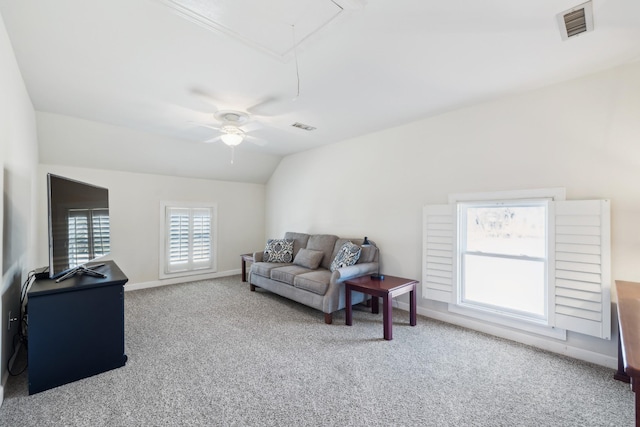 1608 Knox Dr, Brentwood, TN 37027 - carpeted living room with visible vents, attic access, baseboards, and vaulted ceiling