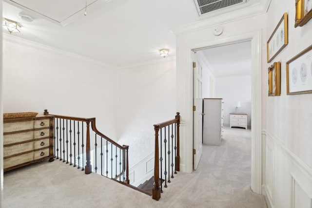 1608 Knox Dr, Brentwood, TN 37027 - corridor with visible vents, an upstairs landing, carpet floors, crown molding, and attic access