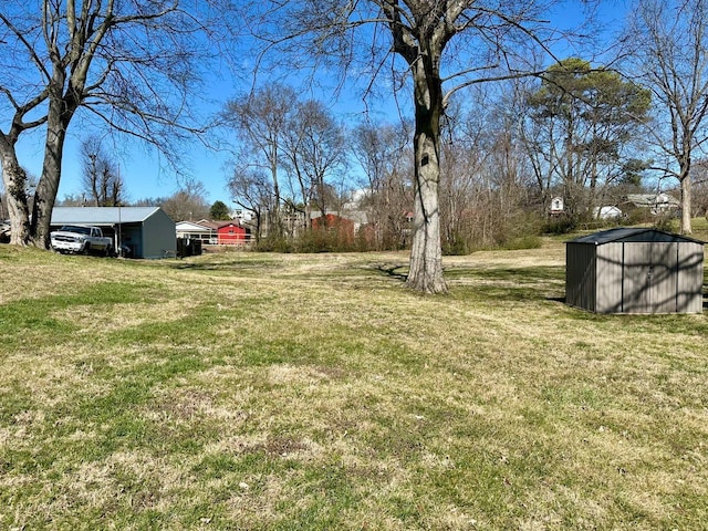 view of yard with a storage shed, a carport, and an outdoor structure