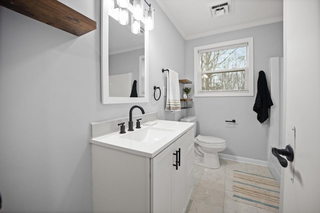 bathroom featuring visible vents, toilet, ornamental molding, marble finish floor, and vanity