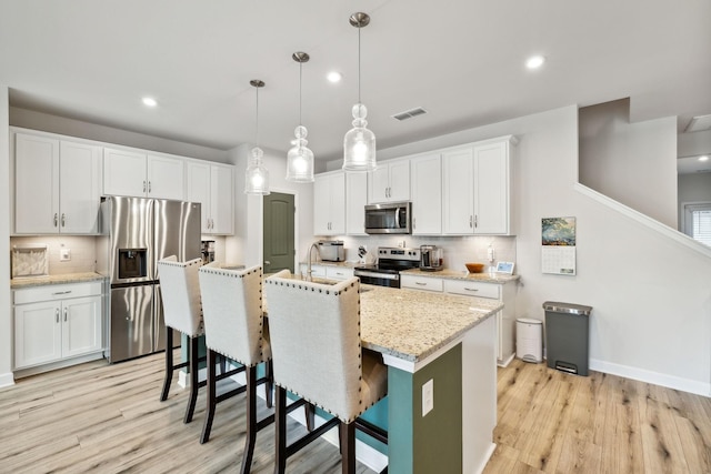 kitchen with white cabinets, visible vents, stainless steel appliances, and backsplash