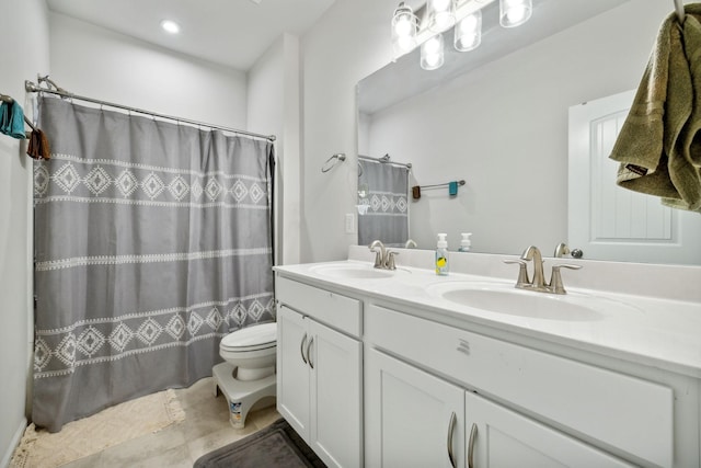 full bathroom with double vanity, toilet, a sink, and a shower with shower curtain