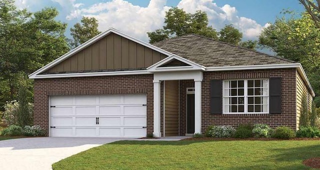 ranch-style house featuring brick siding, board and batten siding, and an attached garage