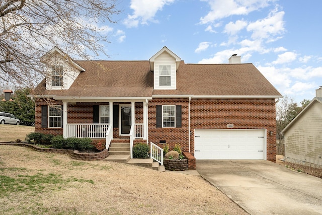 new england style home with driveway, a shingled roof, a chimney, a porch, and brick siding