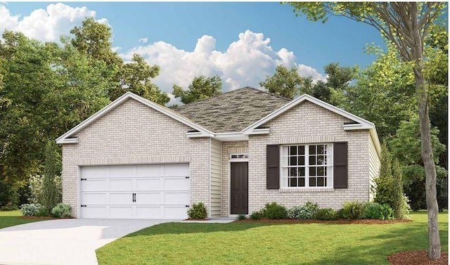 ranch-style home featuring a garage, concrete driveway, a front lawn, and brick siding