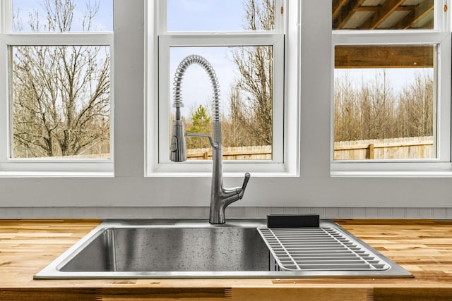 interior details with wood counters and a sink