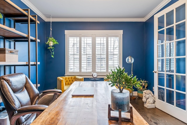 office area featuring crown molding and wood finished floors