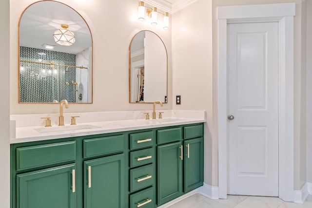 full bath with marble finish floor, a shower with door, a sink, and double vanity