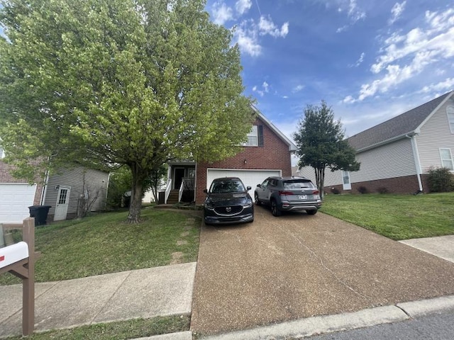 view of front of house featuring a garage, driveway, brick siding, and a front yard