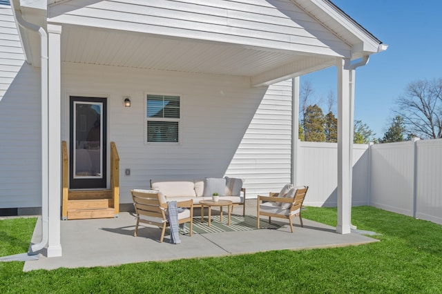 view of patio with a fenced backyard and an outdoor hangout area