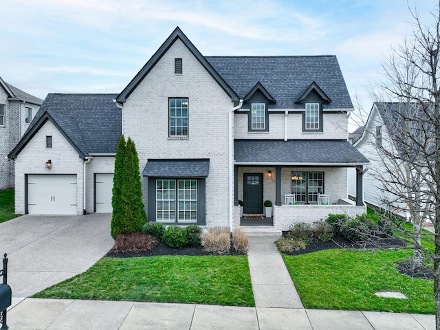 view of front of home with covered porch, brick siding, driveway, and roof with shingles