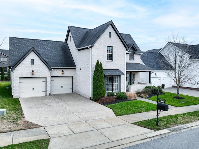 view of front facade featuring a shingled roof, a front yard, concrete driveway, and brick siding