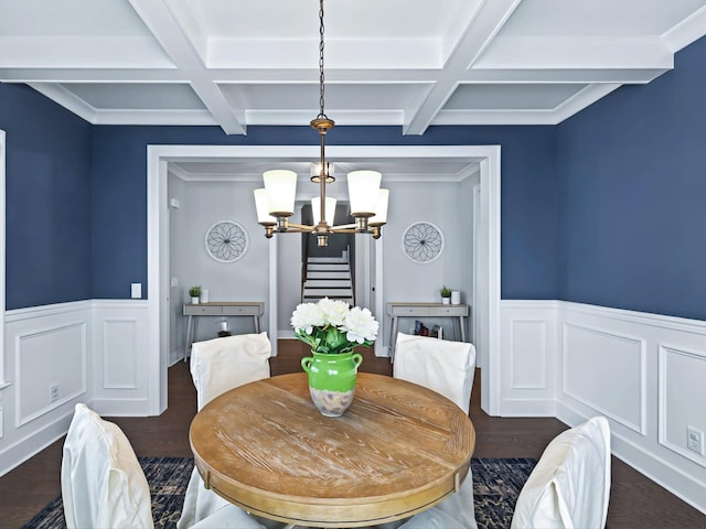 dining area featuring dark wood-style flooring, wainscoting, beam ceiling, and an inviting chandelier