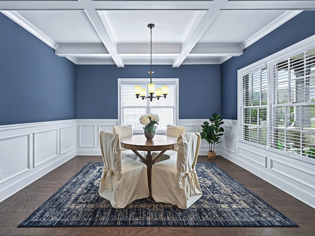 dining room featuring dark wood-type flooring, coffered ceiling, beam ceiling, and a notable chandelier