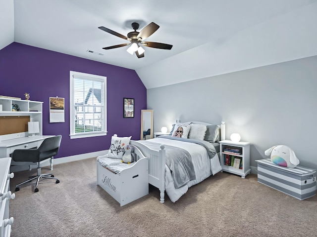 bedroom with lofted ceiling, ceiling fan, carpet flooring, visible vents, and baseboards