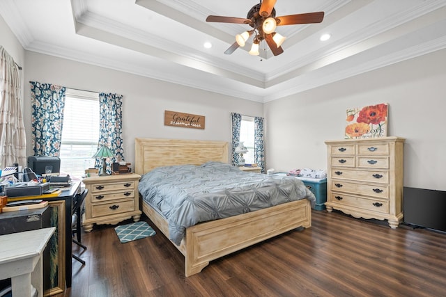 bedroom featuring multiple windows, a tray ceiling, dark wood-style flooring, and ornamental molding