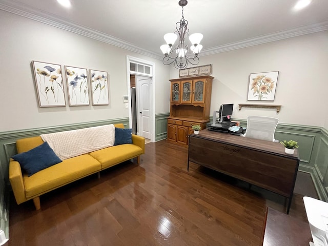 office space featuring a wainscoted wall, an inviting chandelier, wood finished floors, and crown molding