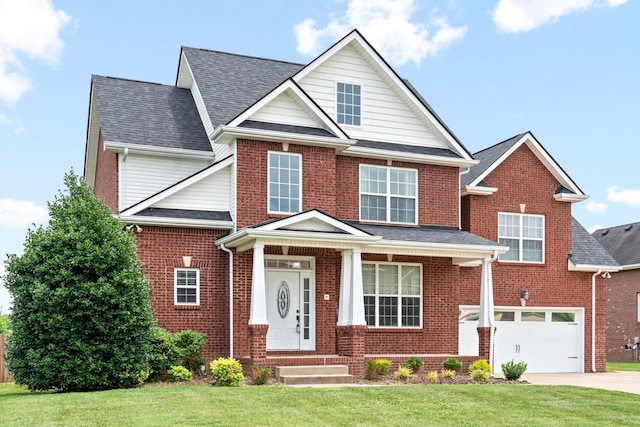 traditional home featuring a garage, brick siding, concrete driveway, roof with shingles, and a front yard