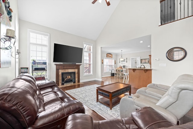 living area featuring plenty of natural light, a fireplace, ceiling fan, and wood finished floors