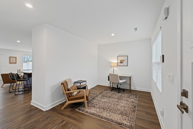 home office featuring wood finished floors, visible vents, and recessed lighting