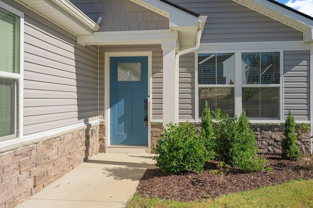 property entrance with stone siding