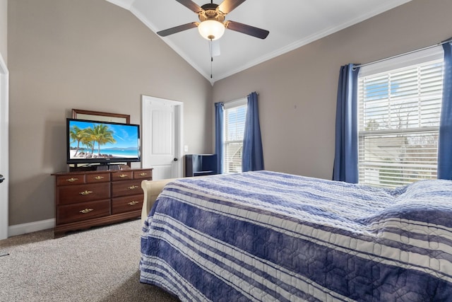 bedroom featuring ceiling fan, baseboards, vaulted ceiling, ornamental molding, and carpet