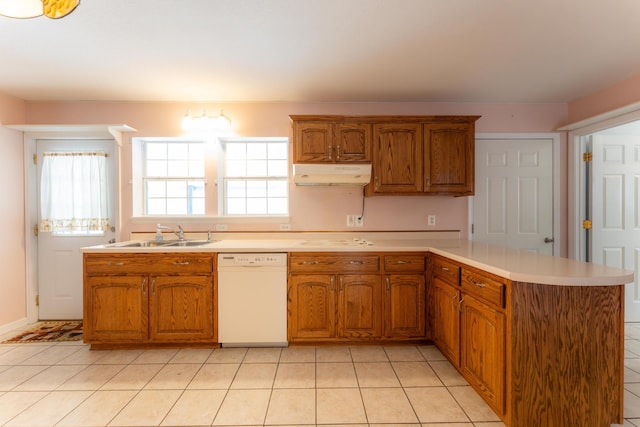 kitchen with dishwasher, a peninsula, light countertops, under cabinet range hood, and a sink