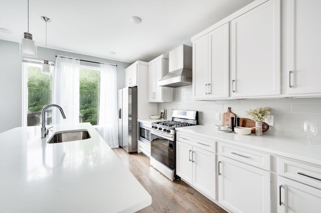 kitchen featuring light wood finished floors, backsplash, stainless steel appliances, wall chimney exhaust hood, and a sink