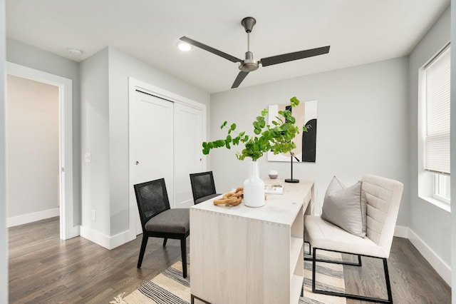 dining area with ceiling fan, baseboards, dark wood-style floors, and recessed lighting