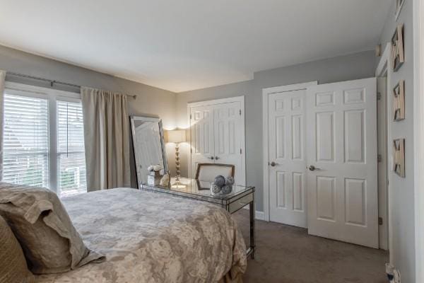 carpeted bedroom with two closets and baseboards