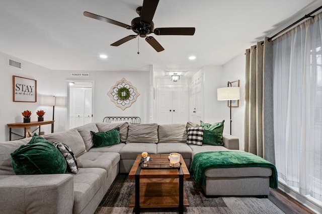 living room with ceiling fan, wood finished floors, visible vents, and recessed lighting