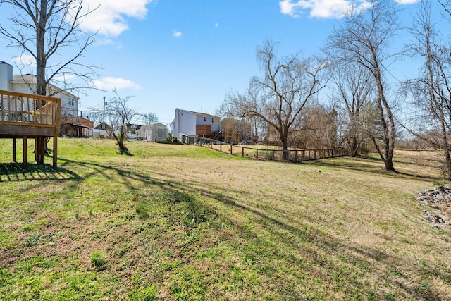 view of yard with fence and a deck