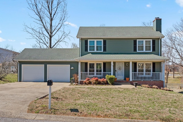 view of front of house with covered porch, a garage, concrete driveway, a chimney, and a front yard