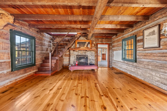 unfurnished living room featuring beam ceiling, wooden ceiling, and hardwood / wood-style floors